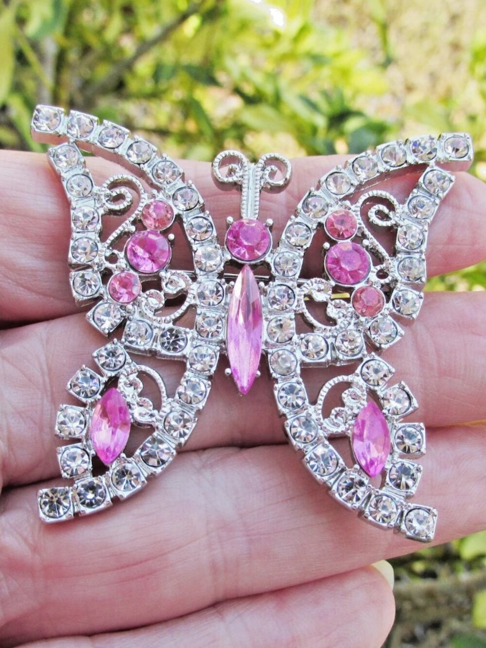 Vintage Mid-Century Large Pink Rhinestone BUTTERFLY Silver-Tone Brooch Pin